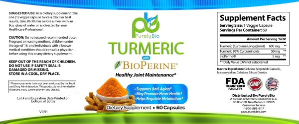 PurelyBio-Turmeric w/Bioperine 650mg  60ct Capsules - Image 4